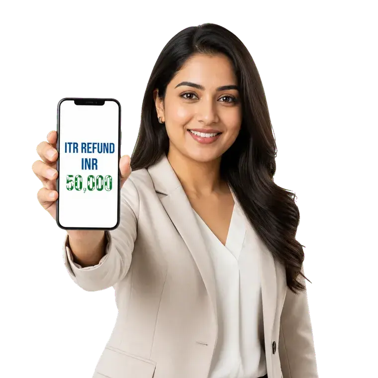 Professional woman holding a phone showing an ITR refund