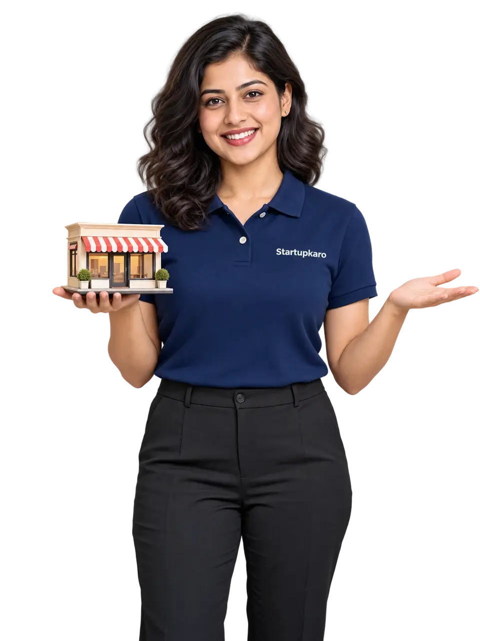 Smiling woman in a navy StartupKaro polo holding a miniature shop model