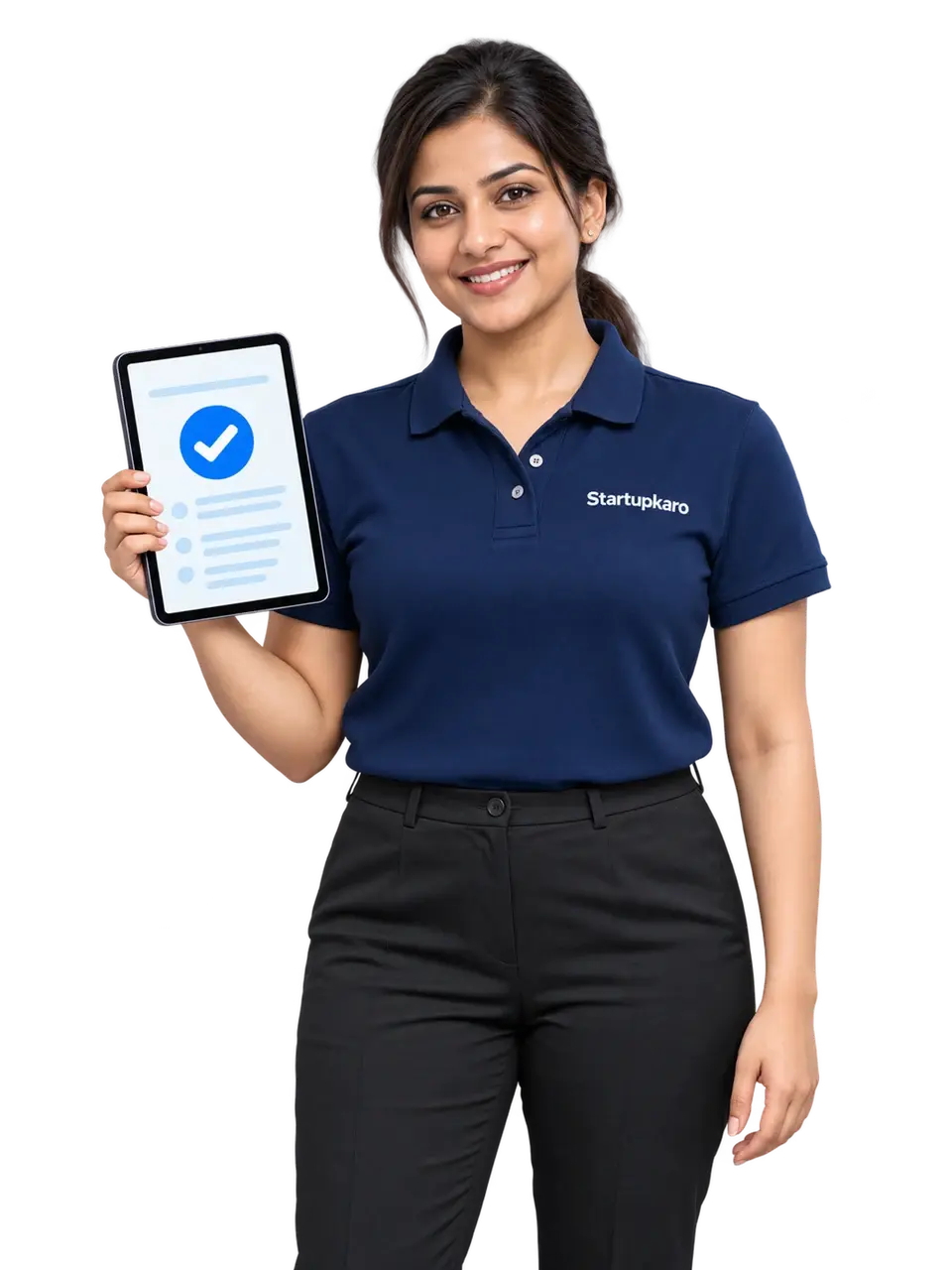 Smiling woman in a navy StartupKaro polo holding a tablet showing an approved document
