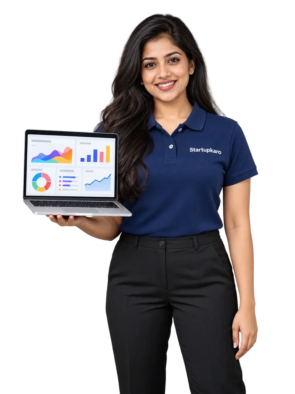 Smiling woman in a navy StartupKaro polo holding a laptop that shows a website dashboard