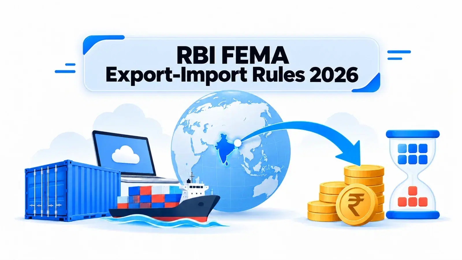 Illustration of a globe with India highlighted, a container ship, a laptop and an hourglass beside a stack of rupee coins, for an article on RBI's FEMA export-import rules